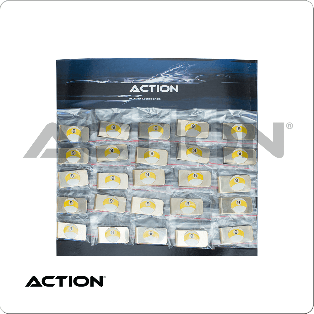 Action NI9MC25 9-Ball Money Clip - Card of 25 - - Pool Shark Supply