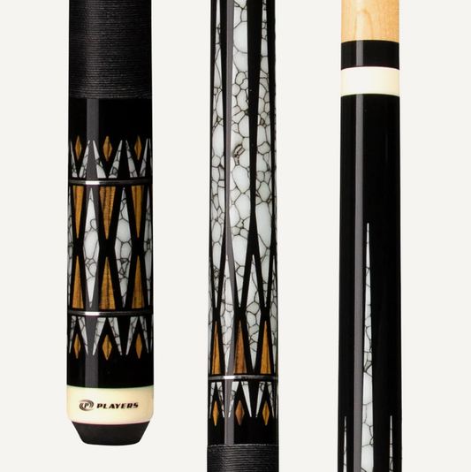 Players Midnight Black w/Bocote and White Recon Graphic, Solid Black Linen Wrap Cue Stick - Pool Shark Supply