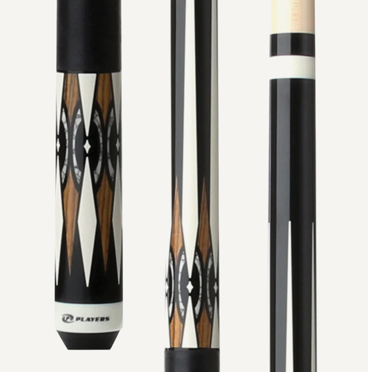Players Midnight Black w/Imt. Bone, Bacote & White Recon Graphic, Solid Black Linen Wrap Cue Stick - Pool Shark Supply