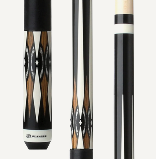 Players Midnight Black w/Imt. Bone, Bacote & White Recon Graphic, Solid Black Linen Wrap Cue Stick - Pool Shark Supply